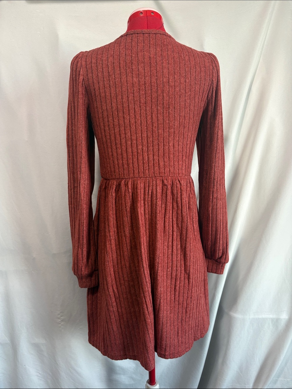 Long Sleeve Ribbed Knit Dress - Rust Red - Picture 3 of 6